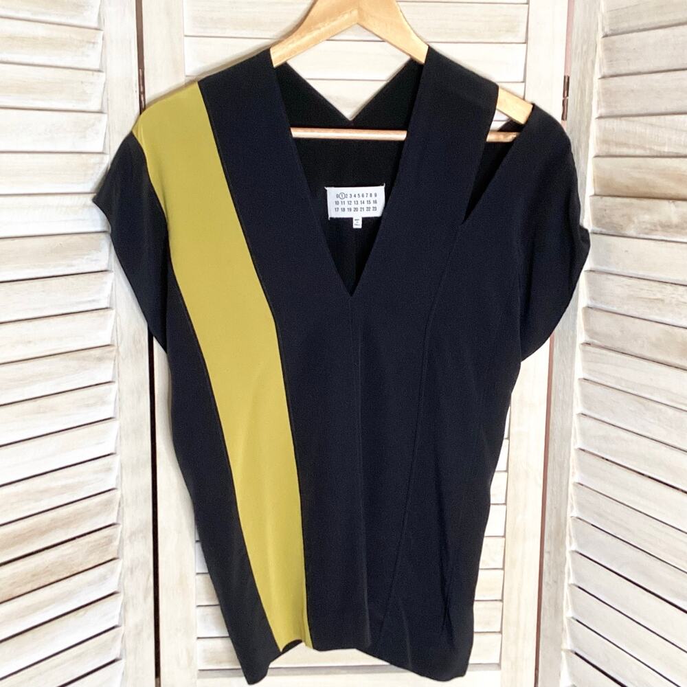Maison Margiela 100% Silk Split Shoulder Black Stripe Top 44 US 8 M
